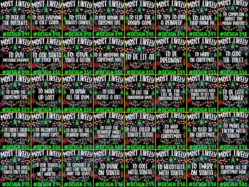 May include: A collection of forty rectangular Christmas-themed game cards arranged in a grid. Each card features a black background with a green Christmas tree, candy canes, and colorful string lights, displaying the text MOST LIKELY followed by unique phrases and design numbers from 241 to 280.