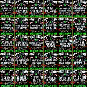 May include: A digital collection of forty rectangular Christmas-themed graphic designs arranged in a grid. Each design features the text MOST LIKELY in white, followed by unique phrases like TO ACT LIKE THE GRINCH, with green trees, candy canes, and lights.