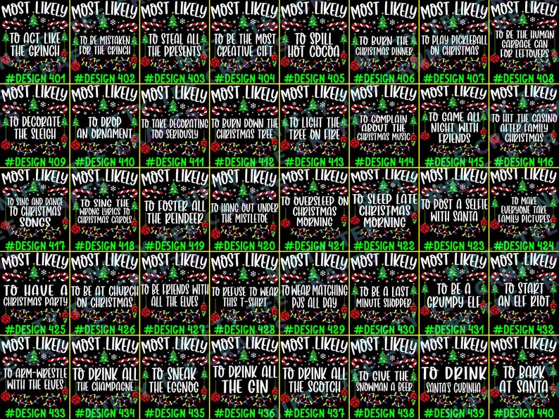 May include: A digital collection of forty rectangular Christmas-themed graphic designs arranged in a grid. Each design features the text MOST LIKELY in white, followed by unique phrases like TO ACT LIKE THE GRINCH, with green trees, candy canes, and lights.