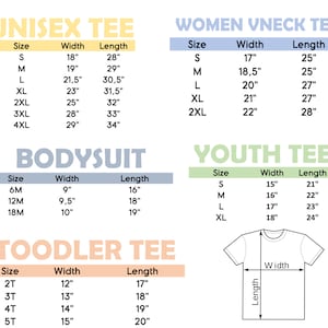 K&ouml;nnte beinhalten: Gr&ouml;&szlig;entabelle f&uuml;r Unisex-, Damen-, Jugend-, Kleinkind- und Bodyshirts. Die Tabelle zeigt die Gr&ouml;&szlig;e, Breite und L&auml;nge in Zoll f&uuml;r jede Art von Shirt.