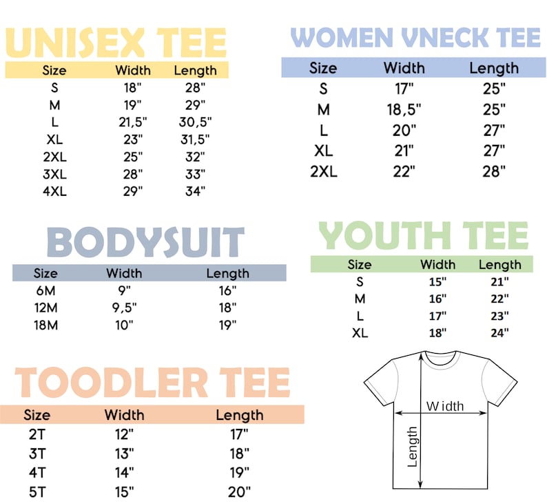 K&ouml;nnte beinhalten: Gr&ouml;&szlig;entabelle f&uuml;r Unisex-, Damen-, Jugend-, Kleinkind- und Bodyshirts. Die Tabelle zeigt die Gr&ouml;&szlig;e, Breite und L&auml;nge in Zoll f&uuml;r jede Art von Shirt.