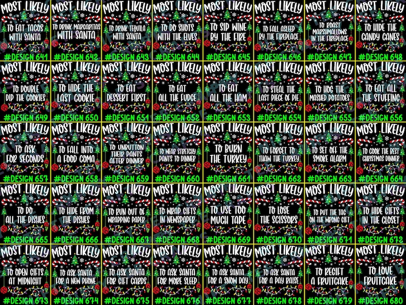 May include: A collection of forty rectangular digital graphics on a black background, each featuring the text MOST LIKELY, a unique holiday phrase, a Christmas tree, candy canes, and colorful string lights, labeled from #DESIGN 641 to #DESIGN 680.