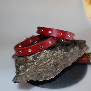 Könnte beinhalten: Zwei rote Lederarmbänder mit goldenen Verschlüssen und farbigen Edelsteinen. Die Armbänder sind mit klaren, grünen und roten Edelsteinen verziert. Die Armbänder liegen auf einem Stück rauem, dunkelbraunem Holz.