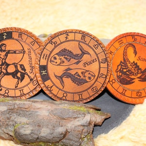 Handmade leather coaster with zodiac sign/zodiac sign as motif