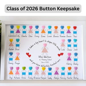 May include: A framed keepsake with button figures representing students from the "Class of 2026." The artwork includes names, a teacher's name, and the phrase "It takes a big heart to shape little minds."
