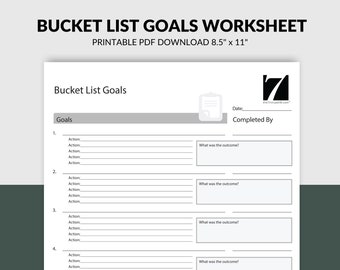 Può includere: Un foglio di lavoro PDF stampabile intitolato "Bucket List Goals Worksheet". Il documento misura 21,6 cm x 27,9 cm e presenta sezioni per obiettivi, azioni e risultati. Il foglio di lavoro include il testo "Bucket List Goals" e "Completed By".