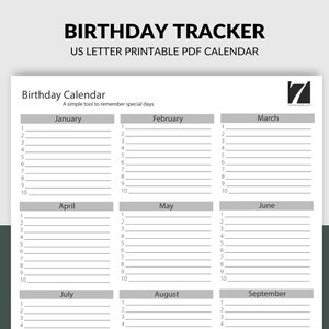 Birthday Calendar Printable | Birthday Tracker Template | Digital Goodnotes Insert for iPad | Birthday Planner List US Letter Size