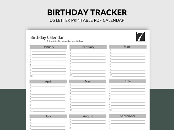 Birthday Calendar Printable Birthday Tracker Template Digital Goodnotes  Insert for iPad Birthday Planner List US Letter Size - Etsy