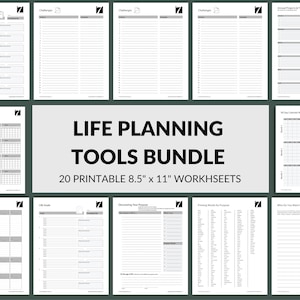 May include: A set of 20 printable worksheets for life planning, each measuring 8.5 inches by 11 inches. The worksheets cover topics such as financial goals, challenges, annual calendar, timeline templates, life goals, discovering your purpose, and more.