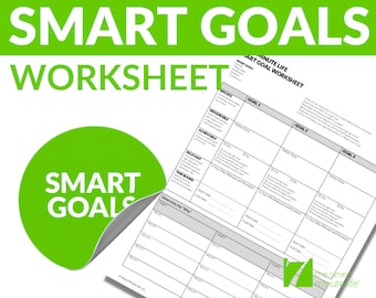 May include: A worksheet titled "SMART GOALS WORKSHEET" with a green and white design. The worksheet includes sections for defining goals, with space for specific, measurable, achievable, relevant, and time-bound objectives. A green circle with the words "SMART GOALS" is on the left.