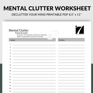 Puede incluir: Hoja de trabajo imprimible titulada "Mental Clutter: Home & Work" con una lista de 17 problemas y una columna de acción. La hoja de trabajo está diseñada para ayudar a identificar y abordar el desorden mental, la procrastinación, la distracción y la indecisión.
