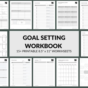 May include: A black and white printable goal setting workbook with 15 worksheets. The workbook includes sections for personal goals, financial goals, life goals, project buckets, challenges, and calendars.