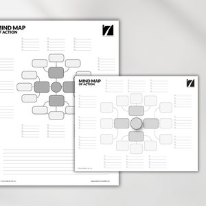 May include: Two black and white printable mind maps with the text "Mind Map of Action" and a simple diagram with circles and lines. The mind maps are designed for brainstorming and planning.