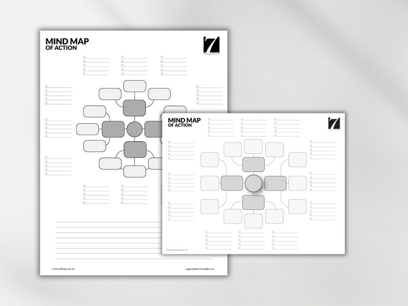 May include: Two black and white printable mind maps with the text "Mind Map of Action" and a simple diagram with circles and lines. The mind maps are designed for brainstorming and planning.