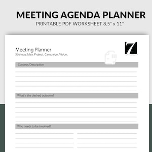 Meeting Agenda Template | Business Meeting Planner Worksheet | Printable PDF Download to Schedule and Plan Meetings & Take Notes
