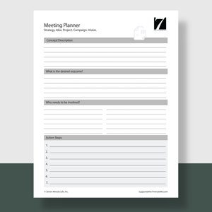 Puede incluir: Una hoja de trabajo de planificaci&oacute;n de reuniones imprimible con el t&iacute;tulo "Meeting Planner" y el texto "Strategy. Idea. Project. Campaign. Vision." La hoja de trabajo incluye secciones para "Concept Description", "What is the desired outcome?", "Who needs to be involved?" y "Action Steps".