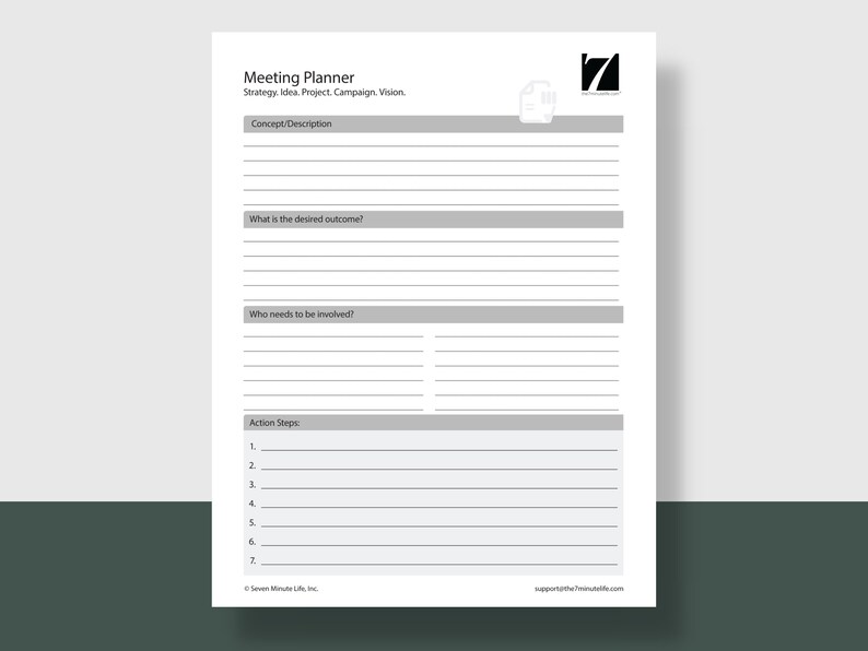 Puede incluir: Una hoja de trabajo de planificaci&oacute;n de reuniones imprimible con el t&iacute;tulo "Meeting Planner" y el texto "Strategy. Idea. Project. Campaign. Vision." La hoja de trabajo incluye secciones para "Concept Description", "What is the desired outcome?", "Who needs to be involved?" y "Action Steps".