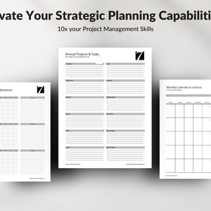May include: Three black and white printable calendar worksheets for planning projects and tasks. The first worksheet is a 90-day calendar, the second is an annual calendar, and the third is a monthly calendar.