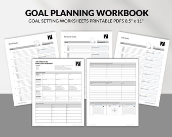 May include: A black and white printable goal planning workbook with four pages. The pages are titled "Work Goals", "Personal Goals", "The 7 Minute Life Smart Goal Worksheet", and "Life Goals".