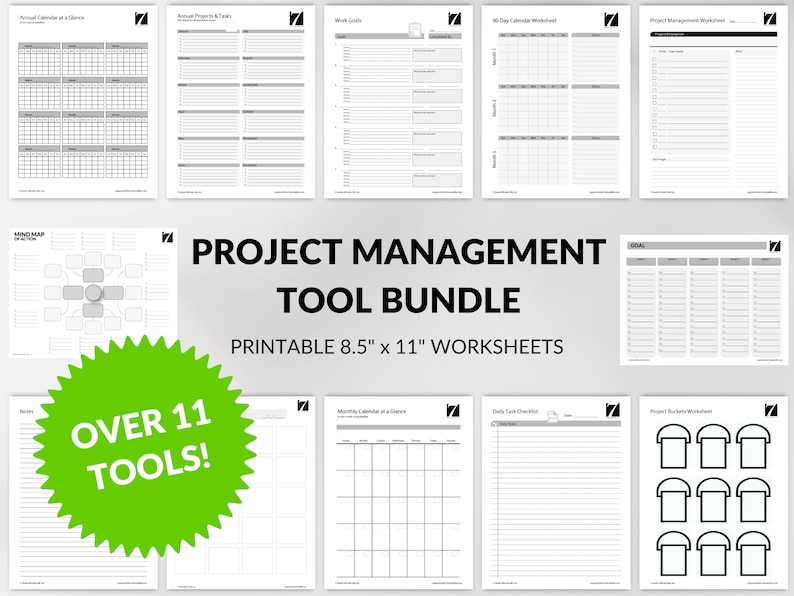 May include: A set of printable project management worksheets, including a mind map, calendar, daily task checklist, and project buckets worksheet. The worksheets are 8.5 inches by 11 inches and there are over 11 tools in the bundle.