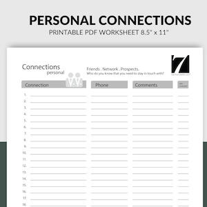 Könnte beinhalten: Ein druckbares Arbeitsblatt mit dem Titel "Persönliche Verbindungen" mit einer Tabelle zum Auflisten von Freunden, Netzwerkkontakten und potenziellen Kunden. Die Tabelle enthält Spalten für Verbindung, Telefonnummer und Kommentare.
