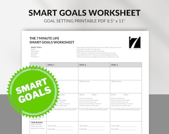 May include: A printable worksheet titled "SMART GOALS WORKSHEET" with the subtitle "GOAL SETTING PRINTABLE PDF 8.5" x 11"  and a green circle with the text "SMART GOALS" in white. The worksheet is divided into three sections, each with the heading "GOAL 1", "GOAL 2", and "GOAL 3". Each section has a table with columns for "Define Done", "Is Your Why Relevant and Resolute?", "Start Date", and "End Date".