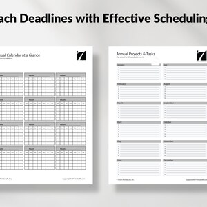 May include: A black and white printable planner with two pages. The left page is a calendar with 12 months, and the right page is a list of projects and tasks for each month of the year. The title of the planner is "Reach Deadlines with Effective Scheduling".