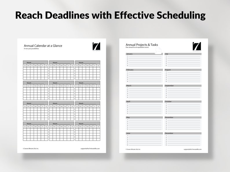 May include: A black and white printable planner with two pages. The left page is a calendar with 12 months, and the right page is a list of projects and tasks for each month of the year. The title of the planner is "Reach Deadlines with Effective Scheduling".