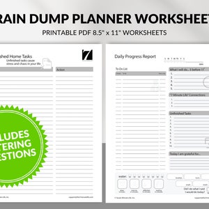 以下が含まれることがあります： PDF形式の印刷可能なブレインダンププランナーワークシート。ワークシートは8.5インチ×11インチで、未完了の家庭用タスク、毎日の進捗状況レポート、感謝のジャーナルセクションが含まれています。