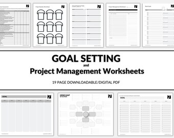 May include: A set of 19 printable goal setting and project management worksheets in a digital PDF format. The worksheets are black and white and include a variety of templates for goal setting, project planning, and task management.