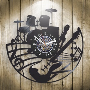 Music Instruments Vinyl Record Wall Clock, Guitar and Drums, Unique Art for Home Decor, Christmas Gift Idea for Music Lover
