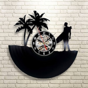 Surf Men Vinyl Record Large Clock, Original Office Decor, Surfing Wall Art, Anniversary Gifts for Boyfriend