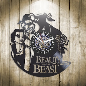 The Beauty and the Beast Rose Schallplatten Wanduhr, Handgemachtes Kinderzimmer Dekor, modernes Kunstwerk für Die Wand, Weihnachtsgeschenk für Kind