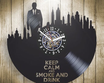 Keep Calp and Smoke and Drink Vinyl Record Clock, Office Decor, Quotes Wall Art, Original Gift Idea for Boss, Vintage Handmade Clock