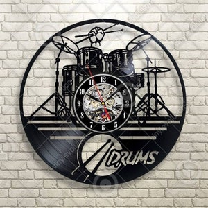 Reloj de pared con disco de vinilo de batería, regalo de baterista, decoración hecha a mano para el hogar del músico, arte de pared vintage, idea de regalo de Navidad para el mejor amigo