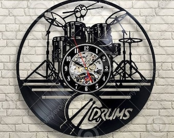 Batterie Vinyl Record Horloge Murale, Décor fait à la main pour la maison du musicien, Art mural vintage, Pendaison de crémaillère Idée cadeau pour meilleur ami