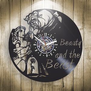 The Beauty and the Beast Vinyl Schallplatten Wanduhr, Handgemachtes Dekor für Mädchenzimmer, Moderne große Wandkunst, Geschenk für Tochter