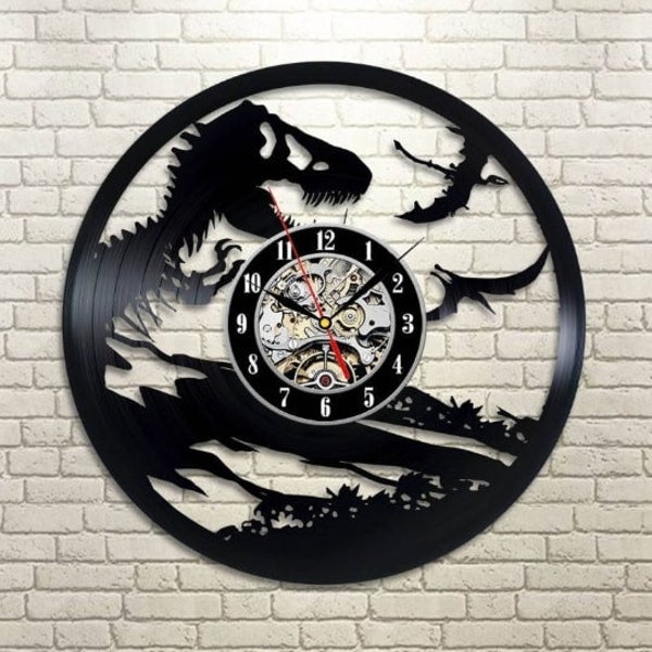 Horloge murale en vinyle de dinosaure, décor de pépinière original, film Jurassic Park, cadeaux de pendaison de crémaillère pour enfants, œuvres d’art vintage
