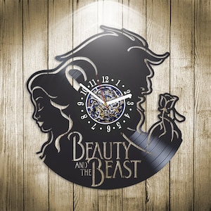 The Beauty and the Beast Rose Vinyl Record Wall Clock, Unique Bedroom Decor, Modern Artwork for Wall, Anniversary Gift for Her