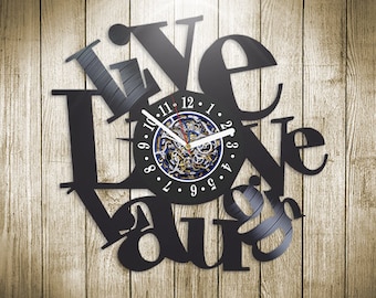 Live Love Laugh Vinyl Record Clock, Funny Quotes Wall Art, Decor for Bedroom, Vintage Wall Hanging Clock, Secret Santa Gift for Coworker