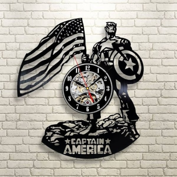 Captain America Vinyl Record Wall Clock, Avengers Kids Room Decor, Vintage Wall Art for Home, Superhero Christmas Gift Idea for Son