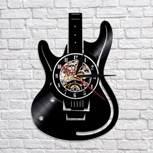 Electric Guitar Silhouette Vinyl Record Wall Clock, Modern Art for Home Decor, Housewarming Gift Idea for Music Lovers