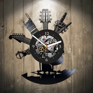 Guitar Vinyl Record Wall Clock, Electric Guitar, Modern Wall Art for Home Decor, Housewarming Gift Idea for Musician