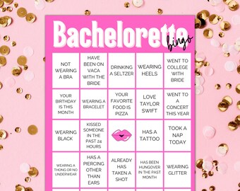 May include: A pink bachelorette bingo card with 25 squares. Each square has a different activity or event related to a hen party. The squares include activities like "wearing a bracelet", "kissed someone in the past 24 hours", "has a tattoo", "wearing glitter", and "wearing fake lashes".