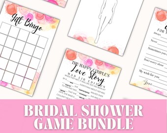 Op de afbeelding: Een bruiloftsshower-spelpakket met een aquarel achtergrond. De spellen omvatten "Gift Bingo", "The Happy Couple's Love Story Mad Lib Edition" en een "Voor de bruid" invulspel.