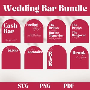 May include: A set of 7 printable wedding bar signs with a pink background and white text. The signs include: "Cash Bar", "Feeling Tipsy?", "The Drinks are on us, But the Memories will be priceless", "The Drinks are on us, The Hangover is on you", "The Drinks", "Signature Cocktails", and "Drunk in Love".