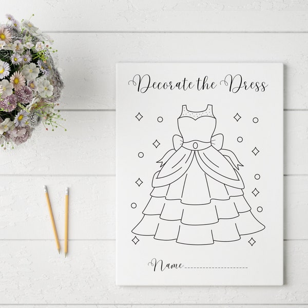 Wedding Kids Table - Decorate the Dress - Coloring Page for Wedding Reception / Bridal Shower - Wedding Activities for Kids