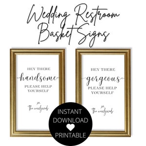 Printable Wedding Bathroom Signs Bundle – Minimalist Restroom Basket – &quot;Hey There Handsome&quot; & &quot;Hello Gorgeous&quot; – Wedding Reception Decor