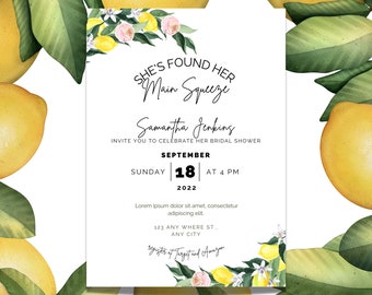May include: A watercolor illustration of lemons and greenery with a white card that says "She's found her main squeeze" and "Samantha Jenkins" with a bridal shower invitation. The invitation includes the date, time, and location of the event.