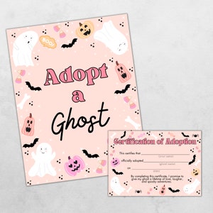 Könnte beinhalten: Ein rosa-weißes druckbares "Adoptiere einen Geist"-Zertifikat mit einem niedlichen Geist- und Kürbisdesign. Das Zertifikat enthält Platz zum Ausfüllen des Namens der Person, die den Geist adoptiert, des Namens des Geistes und des Datums der Adoption.